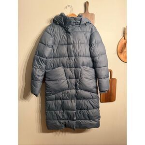 Numph Black Hooded Lined Zip Quilted Puffer Numatalin Coat Long Jacket Size 36